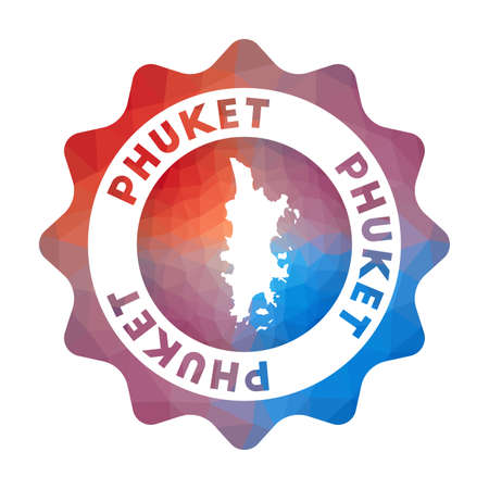 Phuket low poly logo. Colorful gradient travel logo of the island in geometric style. Multicolored polygonal Phuket rounded sign with map for your infographics.のイラスト素材