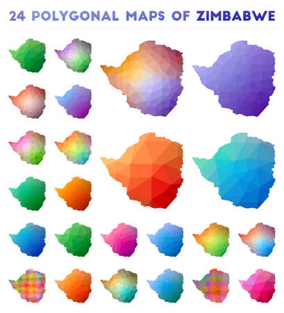 Set of vector polygonal maps of Zimbabwe. Bright gradient map of country in low poly style. Multicolored Zimbabwe map in geometric style for your infographics.のイラスト素材