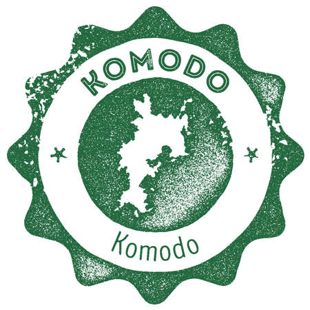 Komodo map vintage stamp. Retro style handmade label, badge or element for travel souvenirs. Dark green rubber stamp with island map silhouette. Vector illustration.のイラスト素材