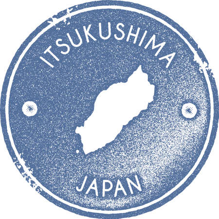 Itsukushima map vintage stamp. Retro style handmade label, badge or element for travel souvenirs. Light blue rubber stamp with island map silhouette. Vector illustration.のイラスト素材