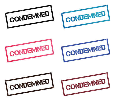 Condemned rectangular stamp collection. Textured seals with text isolated on white backgound. Stamps in turquoise, red, blue, black and sepia colors. Colourful watercolor style vector illustration.のイラスト素材
