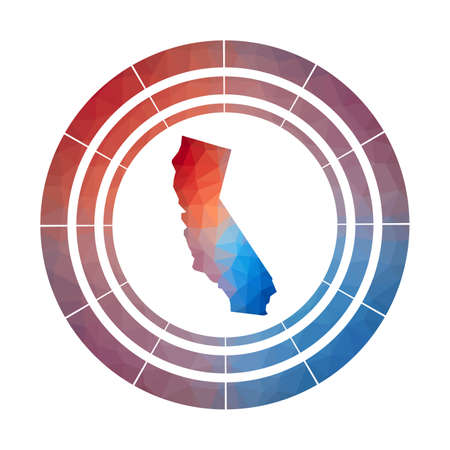 California badge. Bright gradient logo of us state in low poly style. Multicolored California rounded sign with map in geometric style for your infographics.のイラスト素材