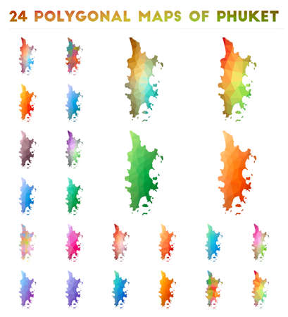 Set of vector polygonal maps of Phuket. Bright gradient map of island in low poly style. Multicolored Phuket map in geometric style for your infographics.のイラスト素材