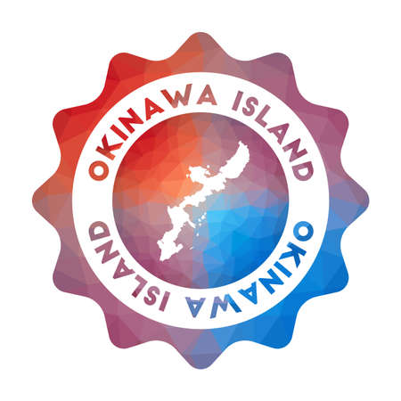 Okinawa Island low poly logo. Colorful gradient travel logo of the island in geometric style. Multicolored polygonal Okinawa Island rounded sign with map for your infographics.のイラスト素材