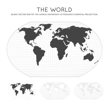 Map of The World. Kavrayskiy VII pseudocylindrical projection. Globe with latitude and longitude lines. World map on meridians and parallels background. Vector illustration.のイラスト素材