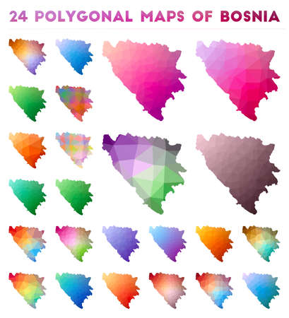 Set of vector polygonal maps of Bosnia. Bright gradient map of country in low poly style. Multicolored Bosnia map in geometric style for your infographics.のイラスト素材