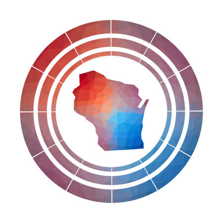Wisconsin badge. Bright gradient logo of us state in low poly style. Multicolored Wisconsin rounded sign with map in geometric style for your infographics.のイラスト素材