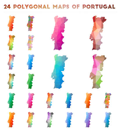 Set of vector polygonal maps of Portugal. Bright gradient map of country in low poly style. Multicolored Portugal map in geometric style for your infographics.のイラスト素材