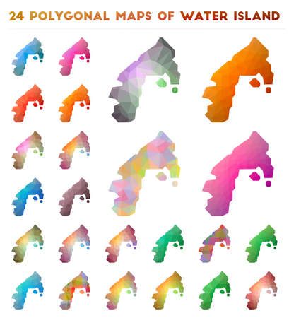 Set of vector polygonal maps of Water Island. Bright gradient map of island in low poly style. Multicolored Water Island map in geometric style for your infographics.のイラスト素材