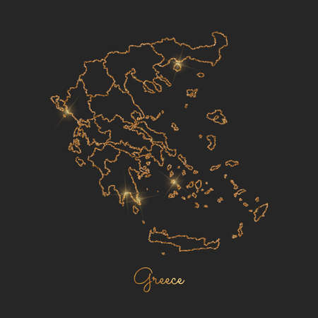 Greece region map: golden glitter outline with sparkling stars on dark background. Vector illustration.のイラスト素材