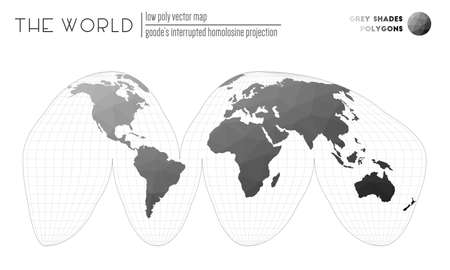Triangular mesh of the world. Goode's interrupted homolosine projection of the world. Grey Shades colored polygons. Modern vector illustration.のイラスト素材