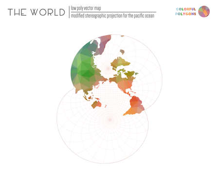 World map in polygonal style. Modified stereographic projection for the Pacific ocean of the world. Colorful colored polygons. Elegant vector illustration.のイラスト素材