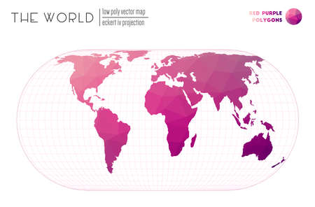 World map with vibrant triangles. Eckert IV projection of the world. Red Purple colored polygons. Energetic vector illustration.のイラスト素材