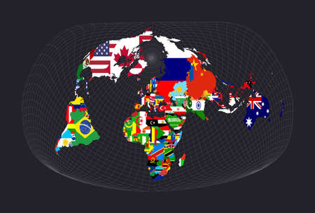World Flag Map. Jacques Bertin's 1953 projection. Map of the world with meridians on dark...