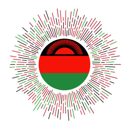 Malawi sign. Country flag with colorful rays. Radiant sunburst with Malawi flag. Vector illustration.のイラスト素材