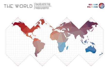 World map in polygonal style. HEALPix projection of the world. Red Blue colored polygons. Trending vector illustration.のイラスト素材