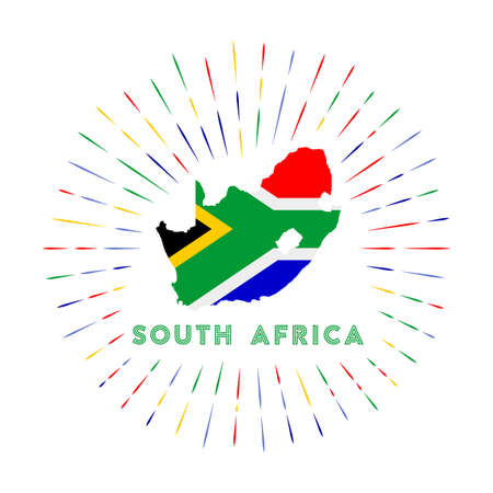 South Africa sunburst badge. The country sign with map of South Africa with South African flag. Colorful rays around the icon. Vector illustration.のイラスト素材