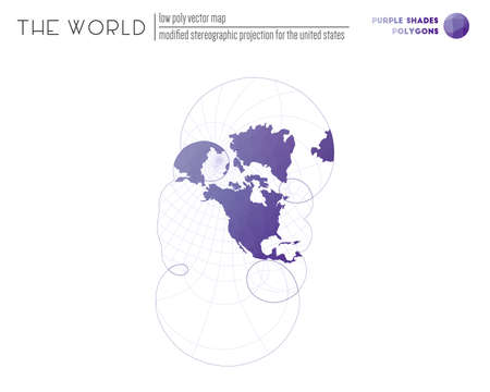 Low poly design of the world. Modified stereographic projection for the United States of the world. Purple Shades colored polygons. Awesome vector illustration.のイラスト素材