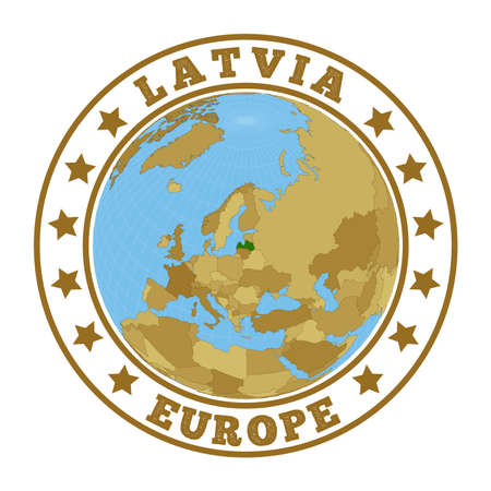 Round badge of country with map of Latvia in world context. Country sticker stamp with globe map and round text. Vector illustration.のイラスト素材