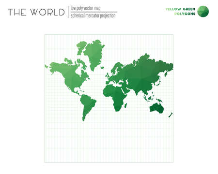 Low poly design of the world. Spherical Mercator projection of the world. Yellow Green colored polygons. Neat vector illustration.のイラスト素材