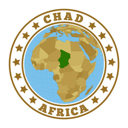 Round badge of country with map of Chad in world context. Country sticker stamp with globe map and round text. Vector illustration.のイラスト素材