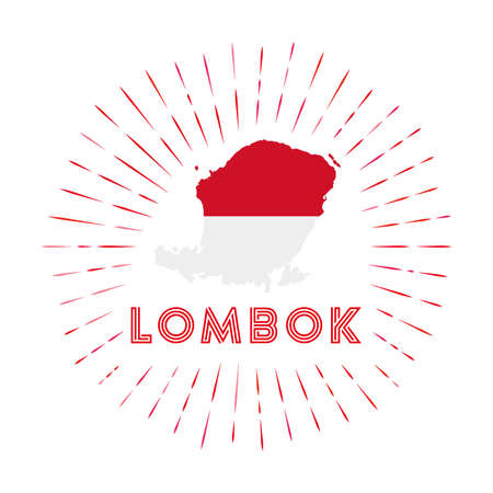 Lombok sunburst badge. The island sign with map of Lombok with Indonesian flag. Colorful raysのイラスト素材