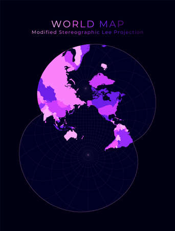World Map. Modified stereographic projection for the Pacific ocean. Digital world illustration....
