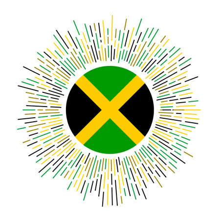 Jamaica sign. Country flag with colorful rays. Radiant sunburst with Jamaica flag. Vector illustration.のイラスト素材