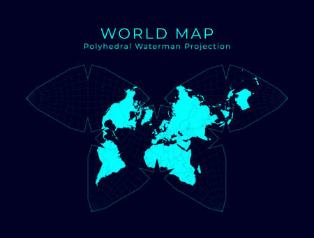 Map of The World. Steve Waterman's butterfly projection. Futuristic Infographic world illustration. Bright cyan colors on dark background. Superb vector illustration.のイラスト素材