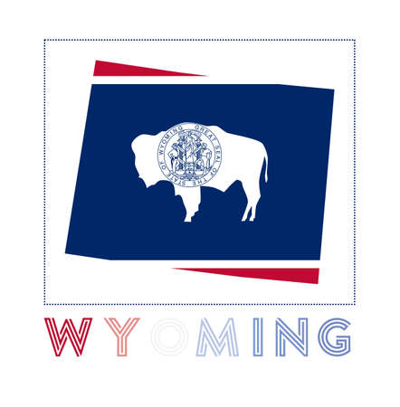Wyoming Logo. Map of Wyoming with us state name and flag. Radiant vector illustration.のイラスト素材