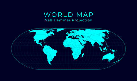 Map of The World. Nell-Hammer projection. Futuristic Infographic world illustration. Bright cyan colors on dark background. Cool vector illustration.のイラスト素材