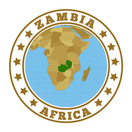 Zambia logo. Round badge of country with map of Zambia in world context. Country sticker stamp with globe map and round text. Vector illustration.のイラスト素材