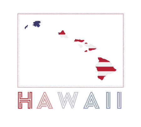 Hawaii Logo. Map of Hawaii with island name and flag. Superb vector illustration.のイラスト素材