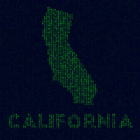 Digital California logo. US state symbol in hacker style. Binary code map of California with US state name. Awesome vector illustration.のイラスト素材