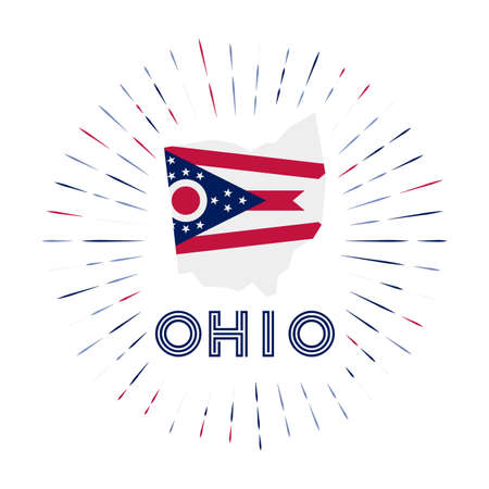 Ohio sunburst badge. The us state sign with map of Ohio with state flag. Colorful rays around the logo. Vector illustration.のイラスト素材