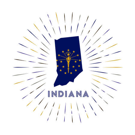 Indiana sunburst badge. The us state sign with map of Indiana with state flag. Colorful rays around the logo. Vector illustration.のイラスト素材