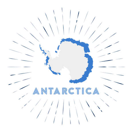 Antarctica sunburst badge. The country sign with map of Antarctica with Antarctica flag. Colorful rays around the logo. Vector illustration.のイラスト素材