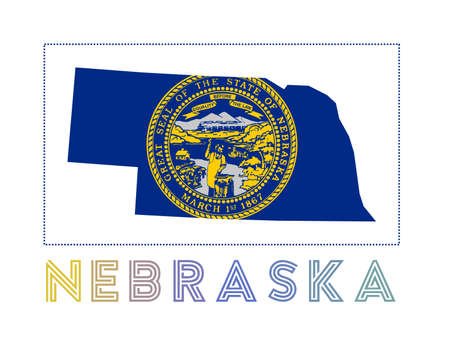 Nebraska Logo. Map of Nebraska with us state name and flag. Superb vector illustration.のイラスト素材