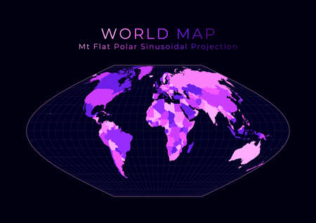World Map. McBryde-Thomas flat-polar sinusoidal equal-area projection. Digital world illustration. Bright pink neon colors on dark background. Captivating vector illustration.のイラスト素材