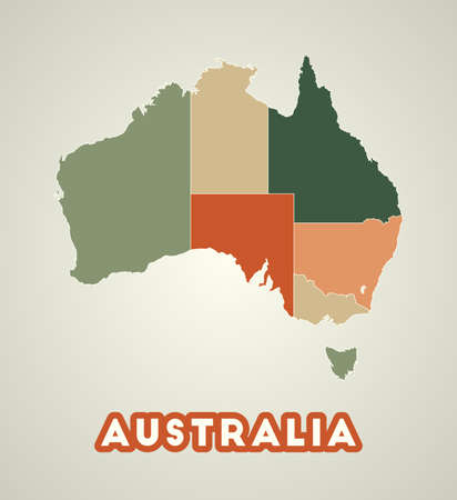 Australia poster in retro style. Map of the country with regions in autumn color palette. Shape of Australia with country name. Modern vector illustration.のイラスト素材