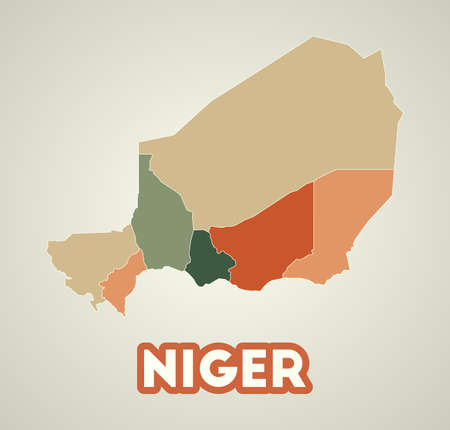 Niger poster in retro style. Map of the country with regions in autumn color palette. Shape of Niger with country name. Attractive vector illustration.のイラスト素材