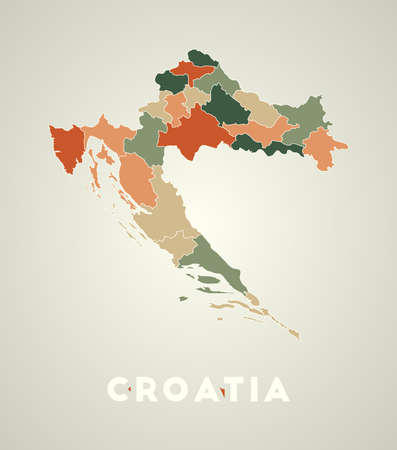 Croatia poster in retro style. Map of the country with regions in autumn color palette. Shape of Croatia with country name. Captivating vector illustration.のイラスト素材