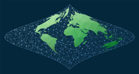 Illustration of global network. Foucaut projection. Green low poly world map with network background. Awesome connections map for infographics or presentation. Vector illustration.のイラスト素材