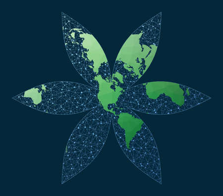 Network map of the world. Gingery projection. Green low poly world map with network background....