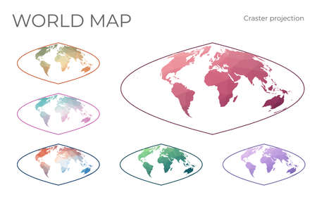 Low Poly World Map Set. Craster parabolic projection. Collection of the world maps in geometric style. Vector illustration.のイラスト素材