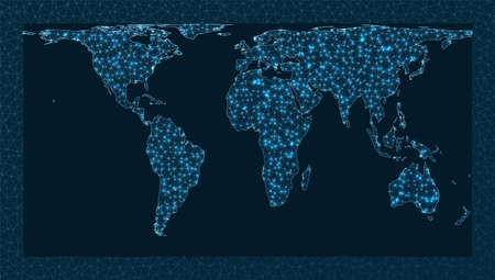 Network map of the world. Cylindrical Equal Area projection. World Network. Vibrant connections map. Vector illustration.のイラスト素材