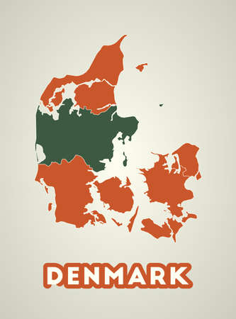 Denmark poster in retro style. Map of the country with regions in autumn color palette. Shape of...