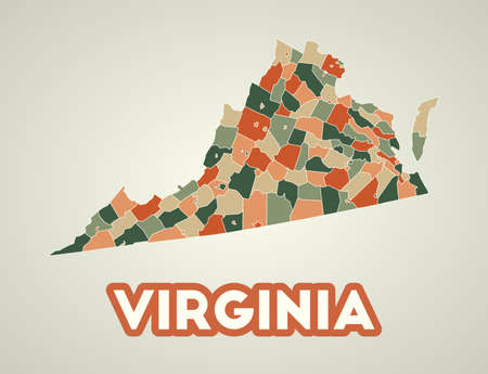 Virginia poster in retro style. Map of the us state with regions in autumn color palette. Shape of Virginia with us state name. Charming vector illustration.のイラスト素材