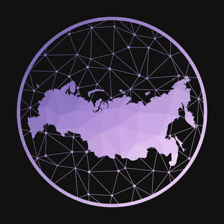 Russia icon. Vector polygonal map of the country. Russia icon in geometric style. The country map with purple low poly gradient on dark background.のイラスト素材