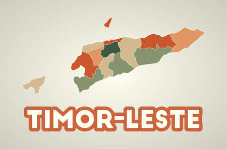 Timor-Leste poster in retro style. Map of the country with regions in autumn color palette. Shape of Timor-Leste with country name. Stylish vector illustration.のイラスト素材